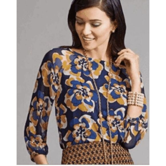 Cabi Lydia Navy/Gold Floral Print Chiffon Blouse Style 3246 Sz M - Picture 1 of 8